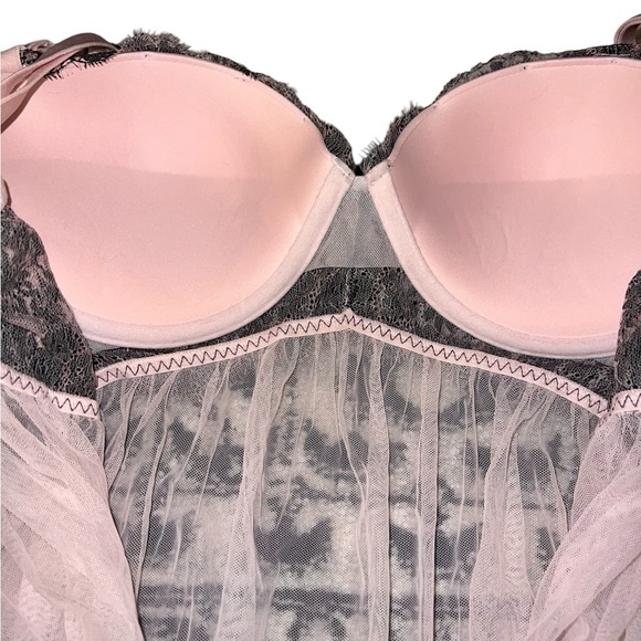 {EUC Victoria's Secret Push Up Chemise Bustier Baby Pink Mesh Black Lace 36D} - Picture 6 of 7